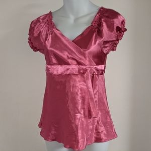Satin pink puff sleeve gathered ruffle blouse surplice babydoll waist tie top